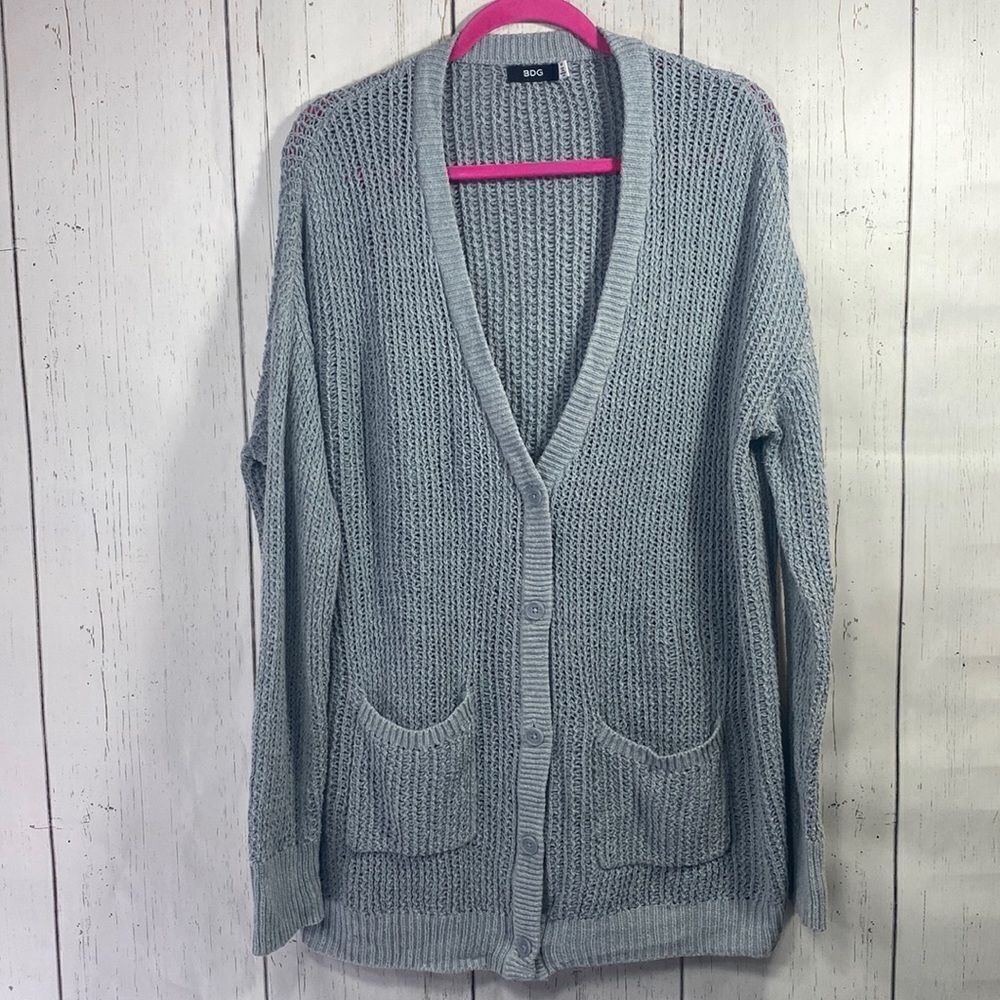 BDG Womens Gray Cardigan Oversized Knitted Button Up Pockets Long Sleeve
